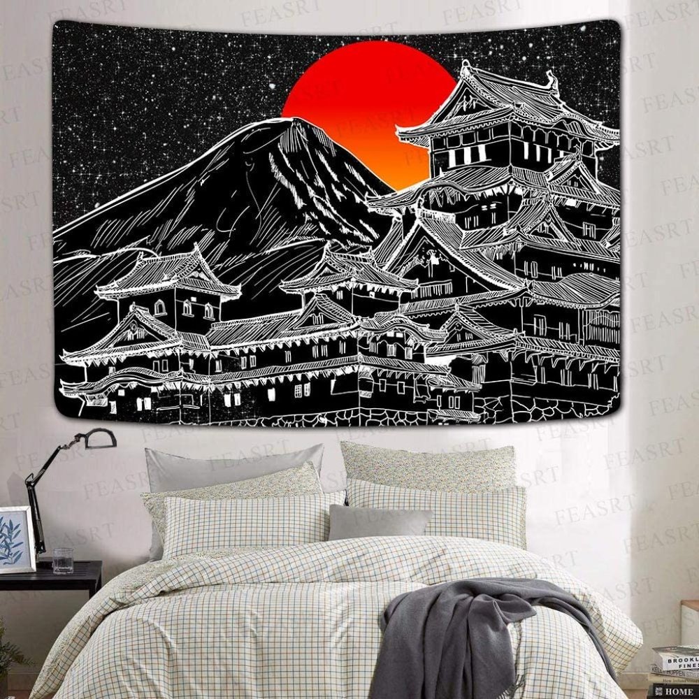 Japanese Fuji Mountain Art Chinese Dojo BlackWhite Sunset Graphic Print Tapestry - Picture 2 of 6